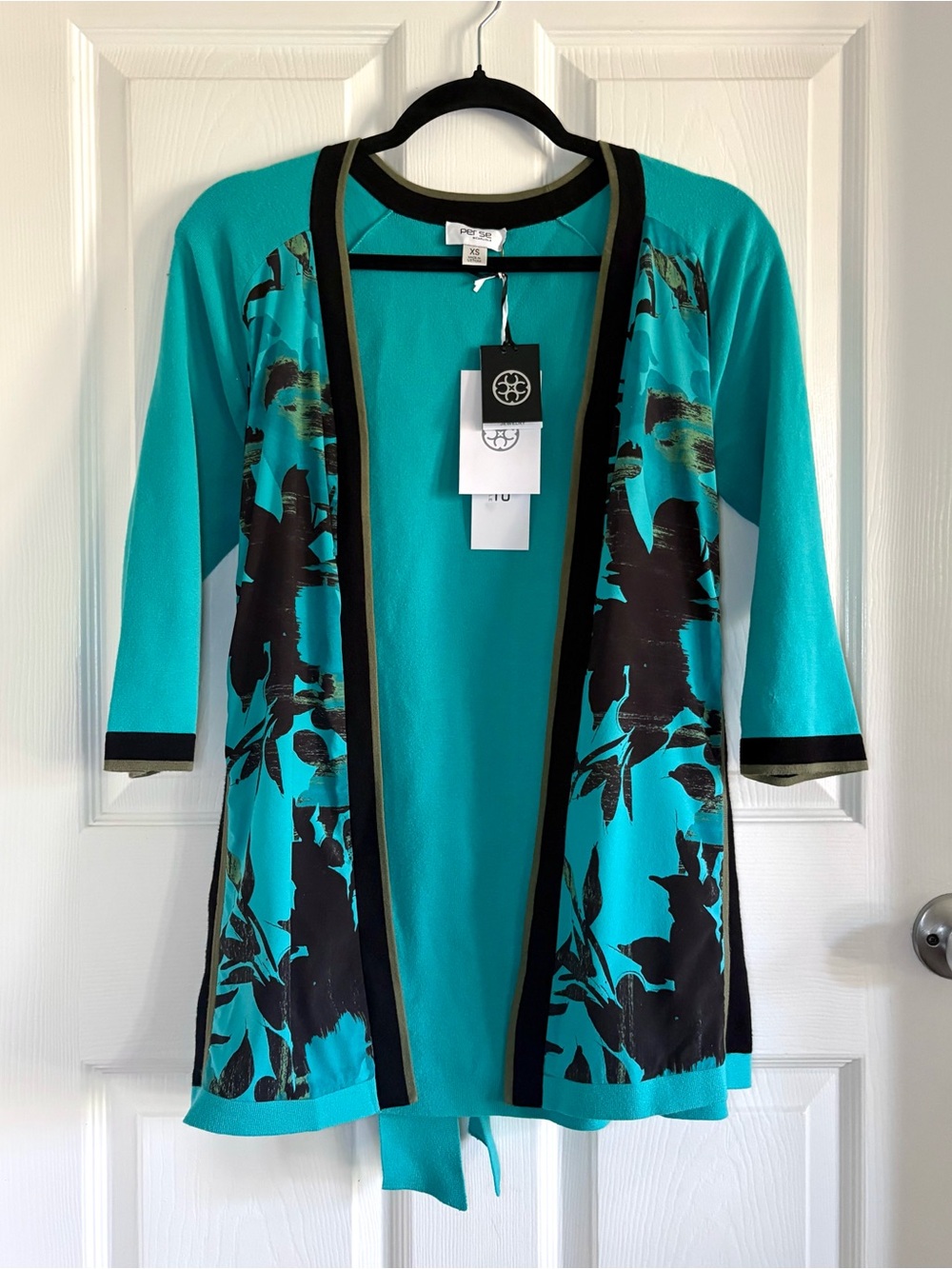 NWT Per Se By Carlisle Monet Cardigan Belted 3/4 Sleeve Teal Black Lilypad XS